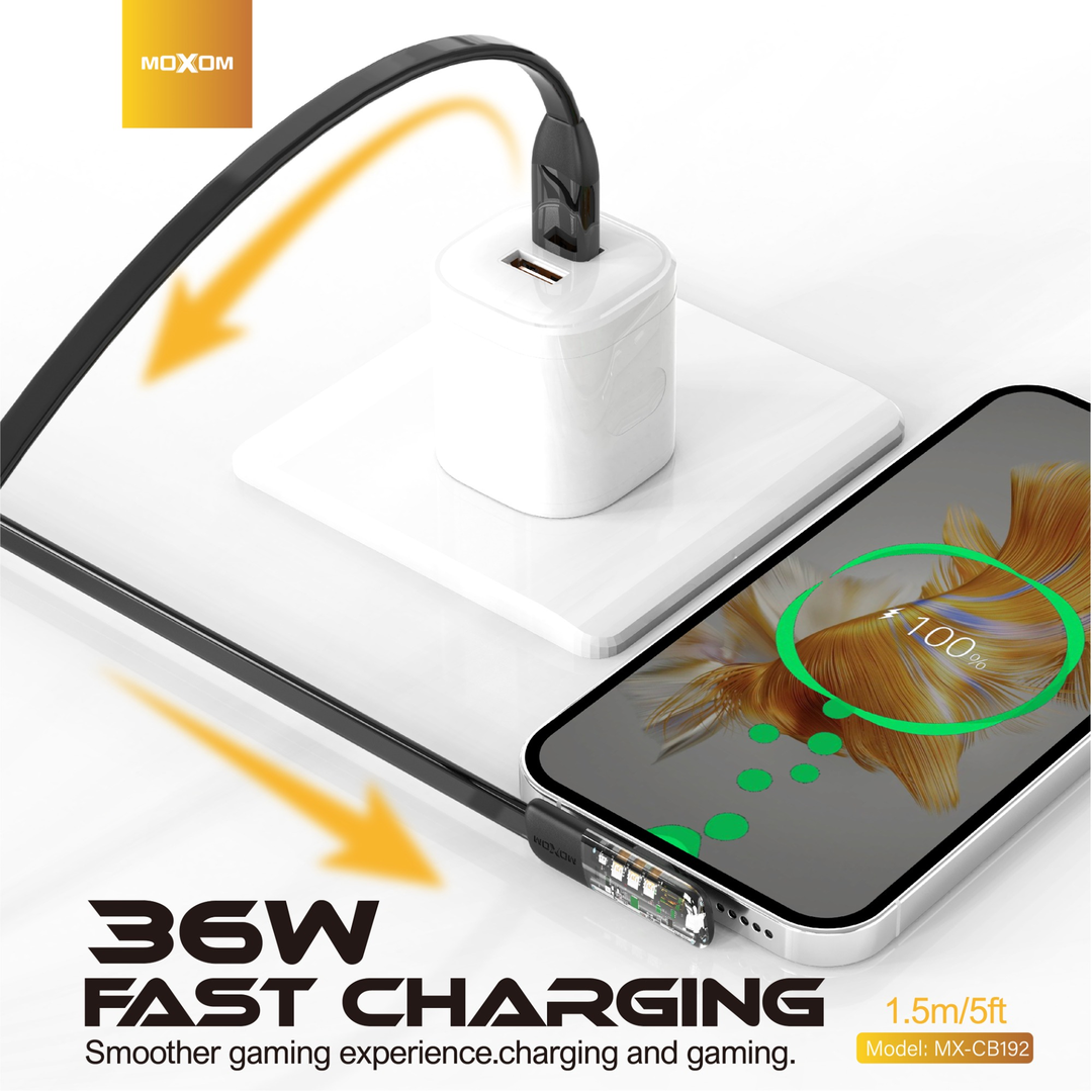 MOXOM 36W Angled Flat USB-C to Lightning Cable — mx cb192 pd 90 degree game data 06