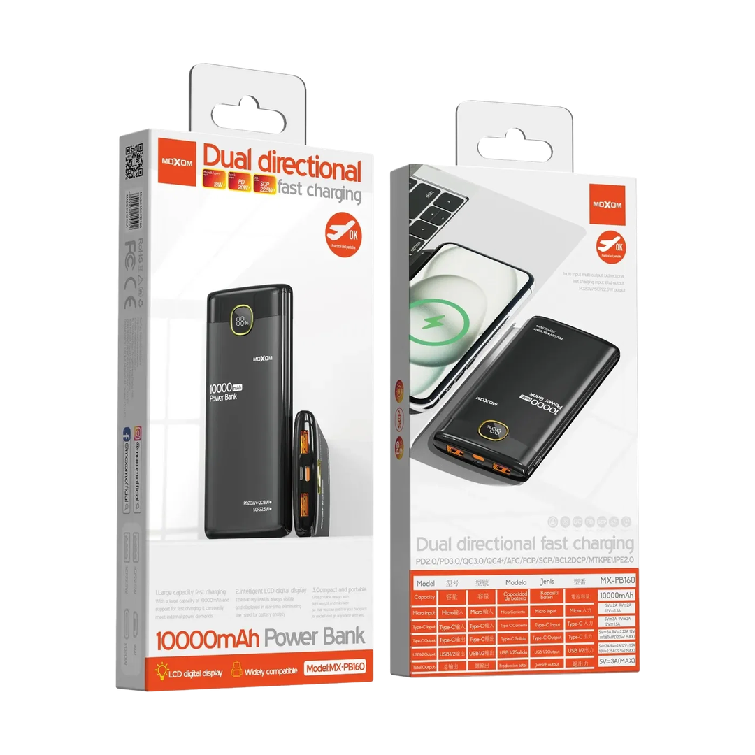 MOXOM MX-PB160 10000mAh Fast-Charging Power Bank with LCD — box front back