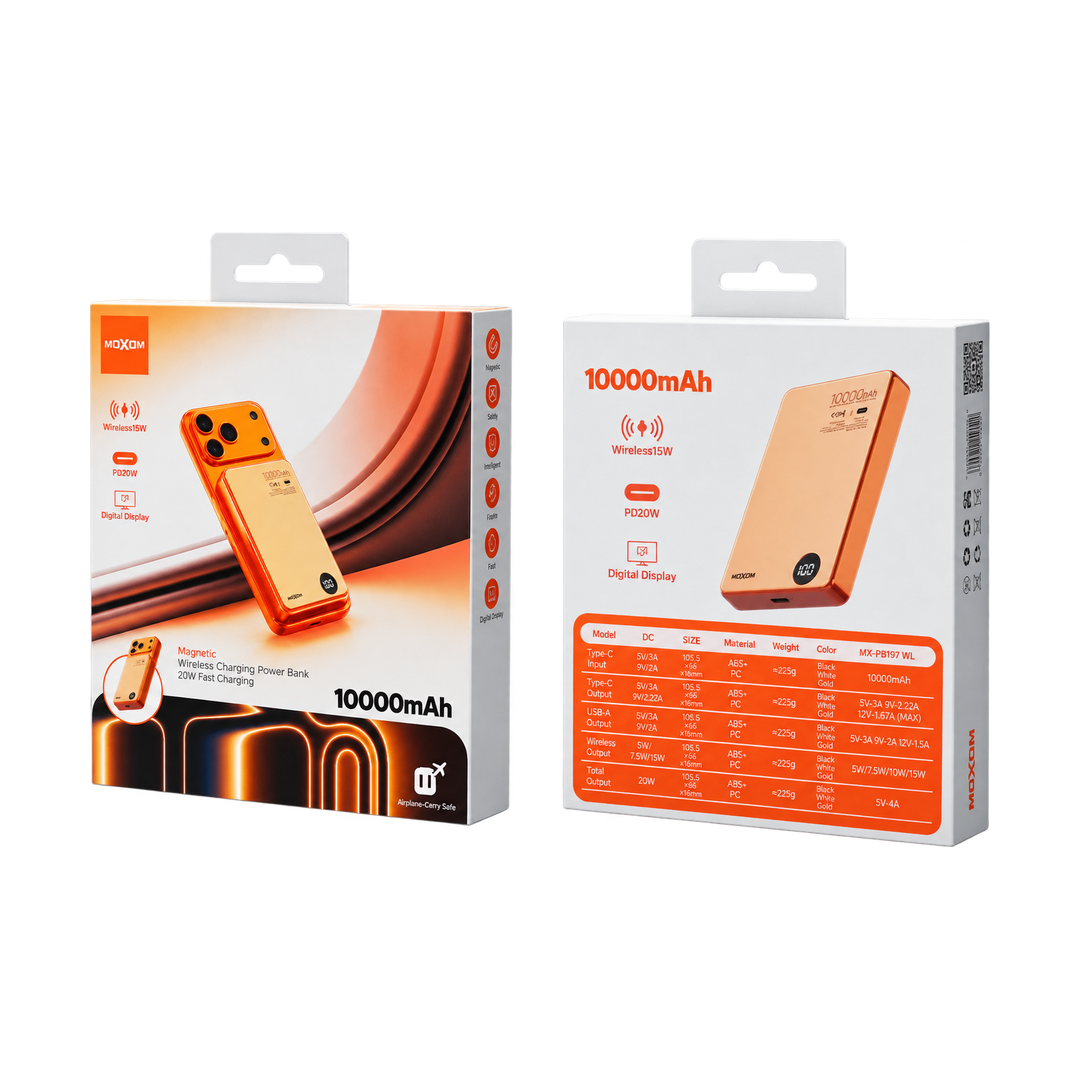 MOXOM MX-PB197 WL 10000mAh Magnetic Wireless Power Bank with Display — mx pb197 wl gold packaging front back