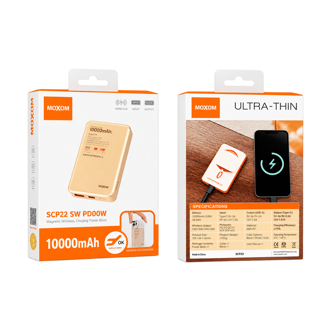 MOXOM MX-PB173 WL 10000mAh Magnetic Wireless Power Bank - 22.5W — scp22 gold packaging front back