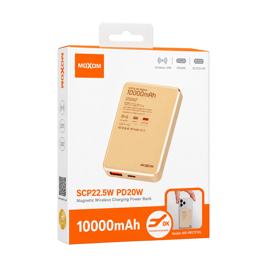 MOXOM MX-PB173 WL 10000mAh Magnetic Wireless Power Bank - 22.5W — scp22 gold packaging front