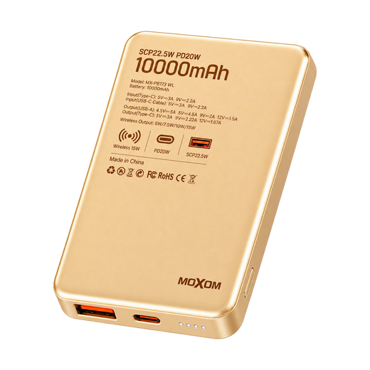 MOXOM MX-PB173 WL 10000mAh Magnetic Wireless Power Bank - 22.5W — scp22 gold rear angle