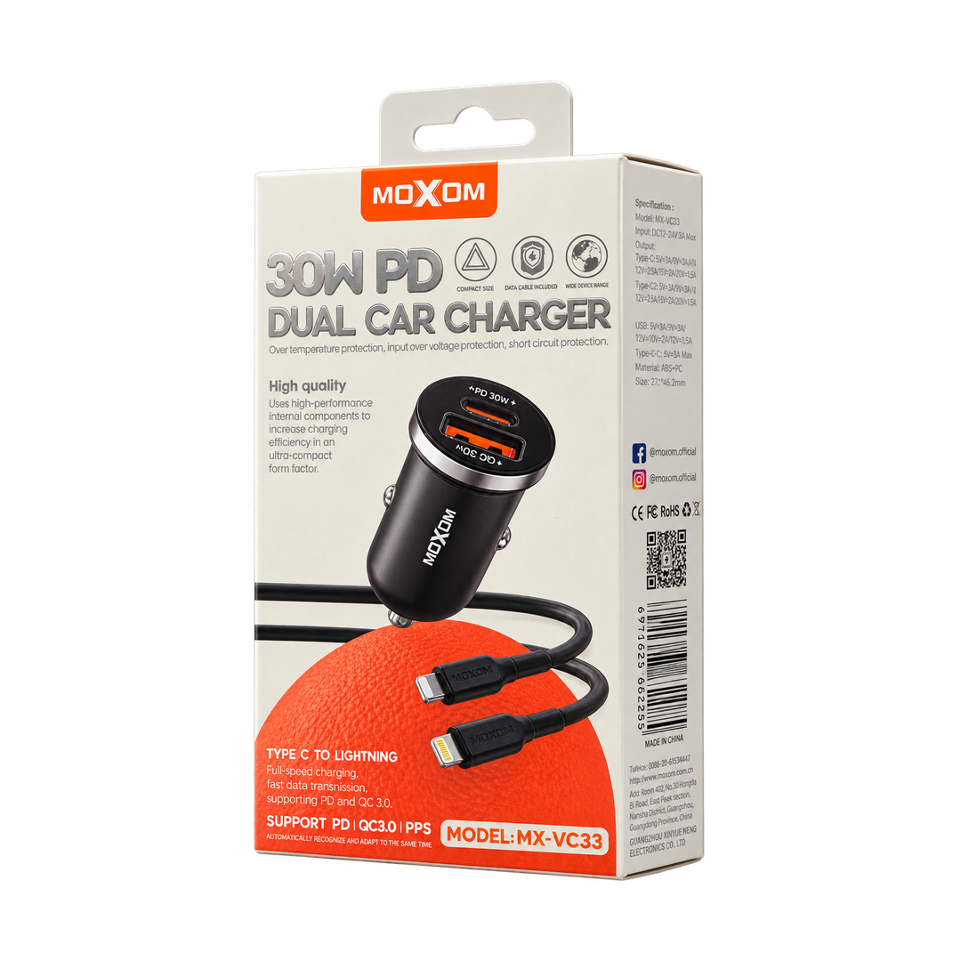 MOXOM VC53 30W Car Charger with USB-C to Lightning Cable — pd dual red package 03