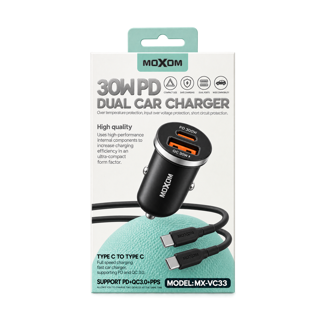 MOXOM VC53 30W Car Charger with USB-C to USB-C Cable — pd dual white package 03