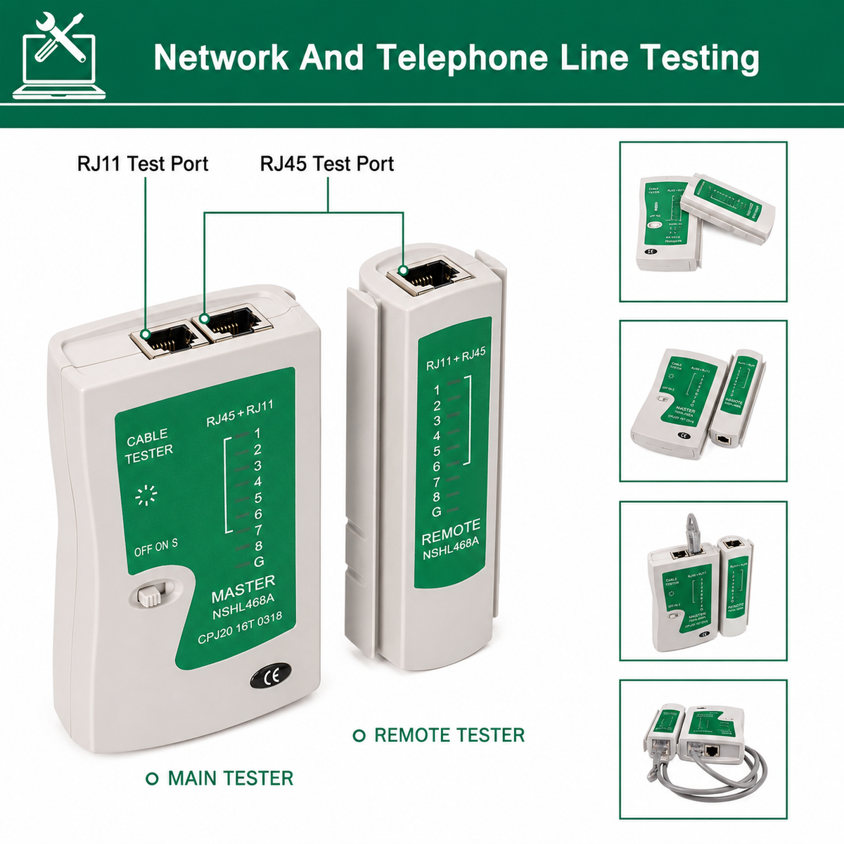 RJ45 and RJ11 Network Cable Tester with Remote Terminator — white product set