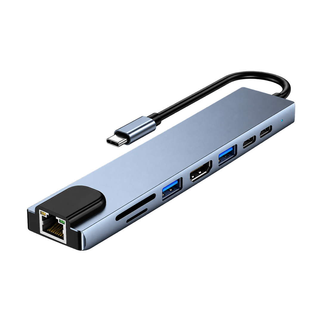 8-in-1 USB-C Hub with HDMI, Ethernet, SD and 87W Power Delivery — gray angled