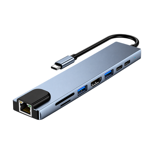 8-in-1 USB-C Hub with HDMI, Ethernet, SD and 87W Power Delivery — gray angled