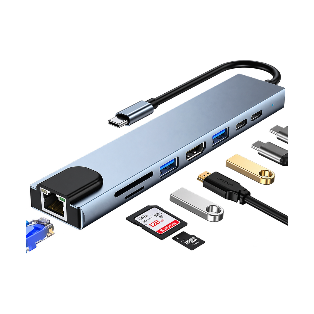 8-in-1 USB-C Hub with HDMI, Ethernet, SD and 87W Power Delivery — gray connected ports