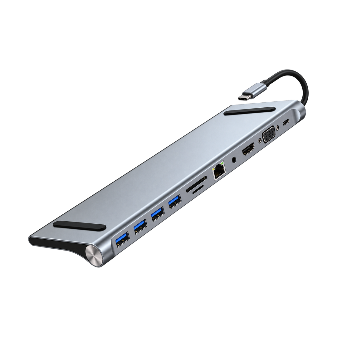BYL-2003 9-in-1 USB-C Hub with HDMI, VGA, Ethernet and 87W Power Delivery — gray angled