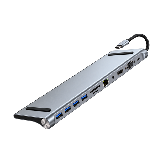 BYL-2003 9-in-1 USB-C Hub with HDMI, VGA, Ethernet and 87W Power Delivery — gray angled