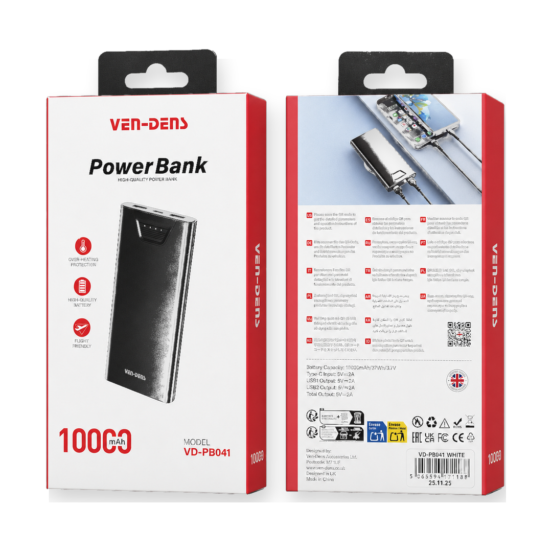 Ven-Dens VD-PB041 10000mAh Dual-USB Power Bank — box front back