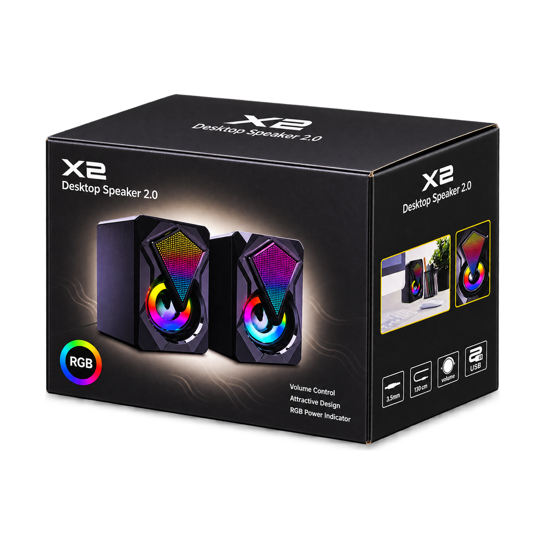 X2 RGB Desktop Speakers 2.0 with 3.5mm and USB Power — black package angle