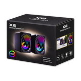 X2 RGB Desktop Speakers 2.0 with 3.5mm and USB Power — black package angle