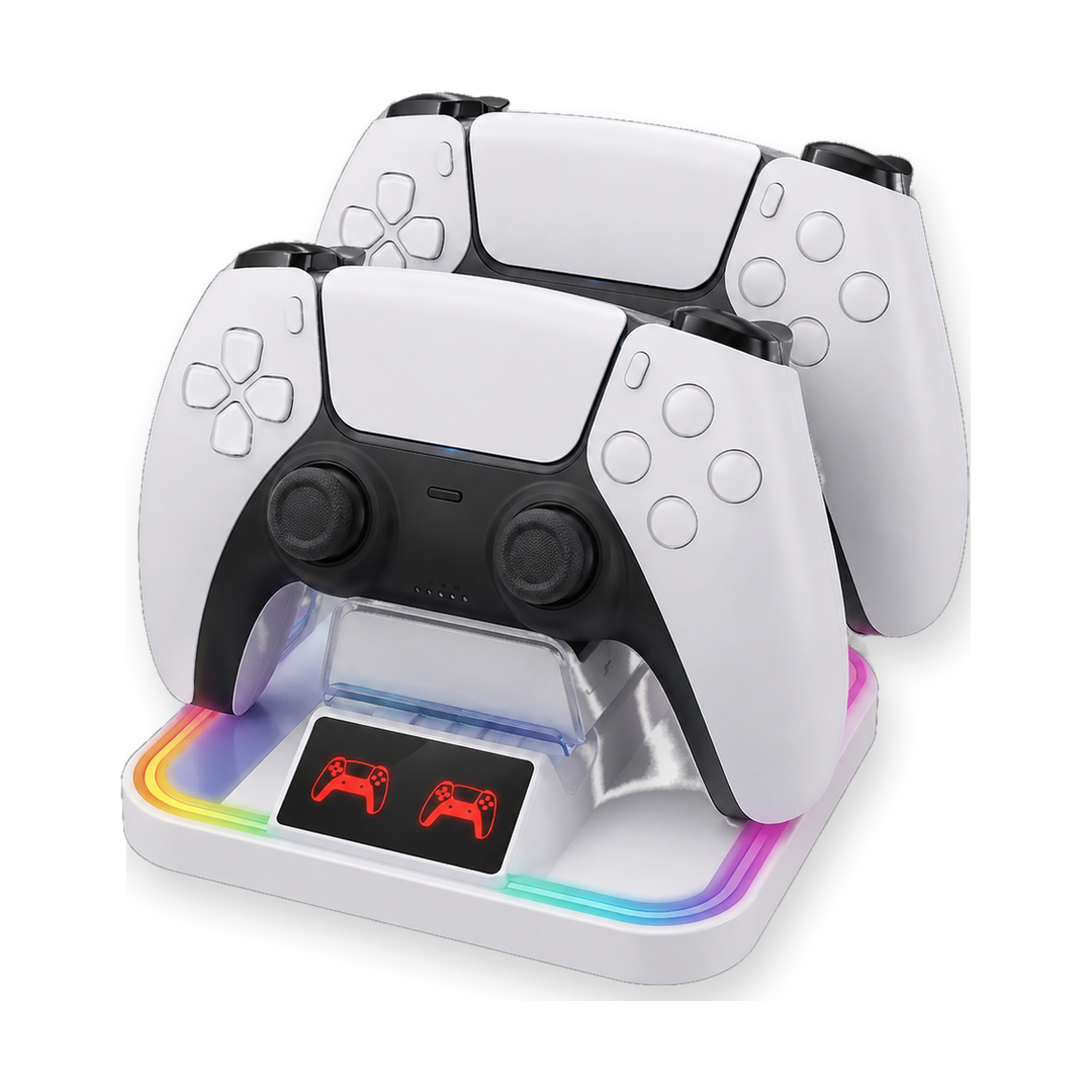 YZC-504P RGB Dual Charging Station for PS5 Controllers — docked controllers