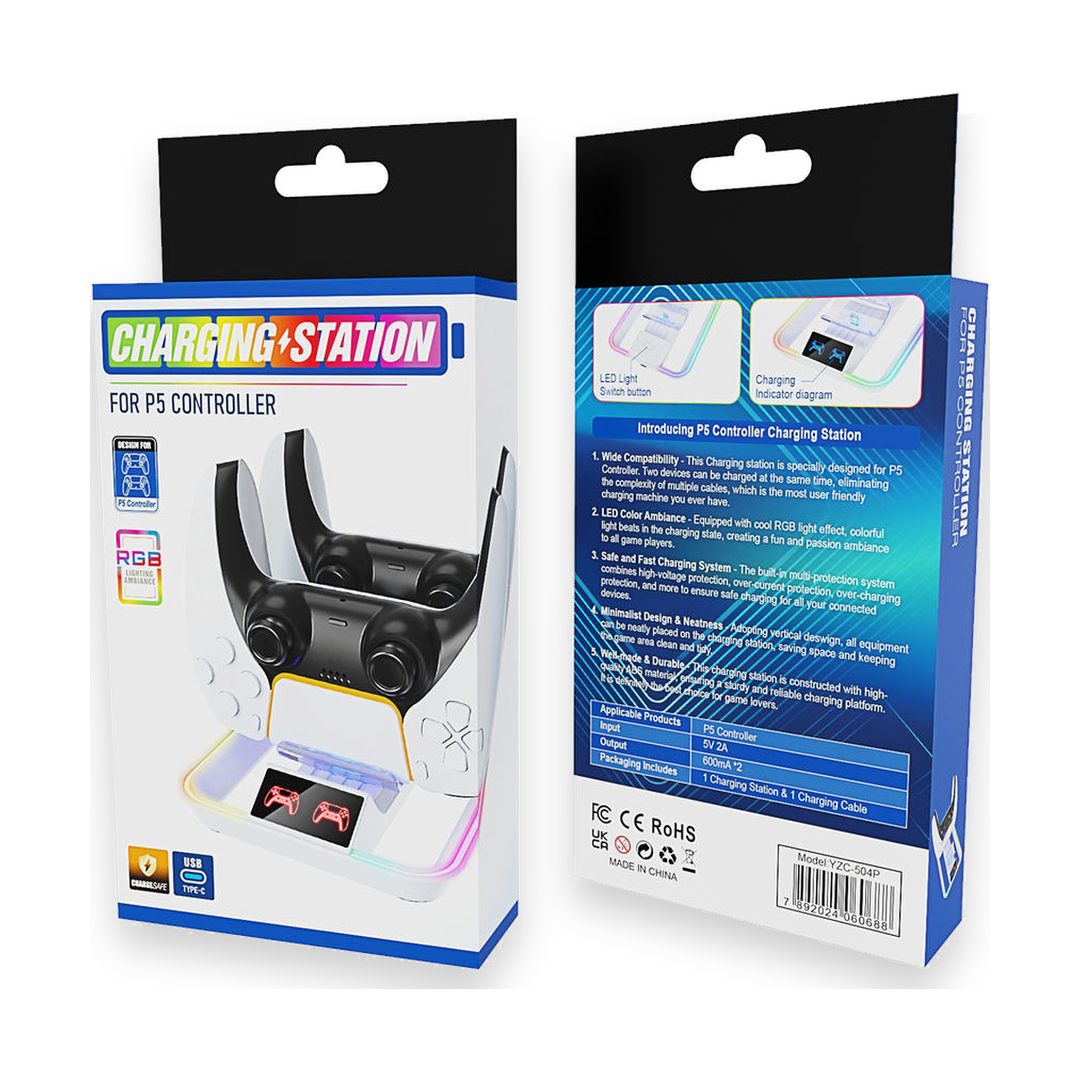 YZC-504P RGB Dual Charging Station for PS5 Controllers — box front back