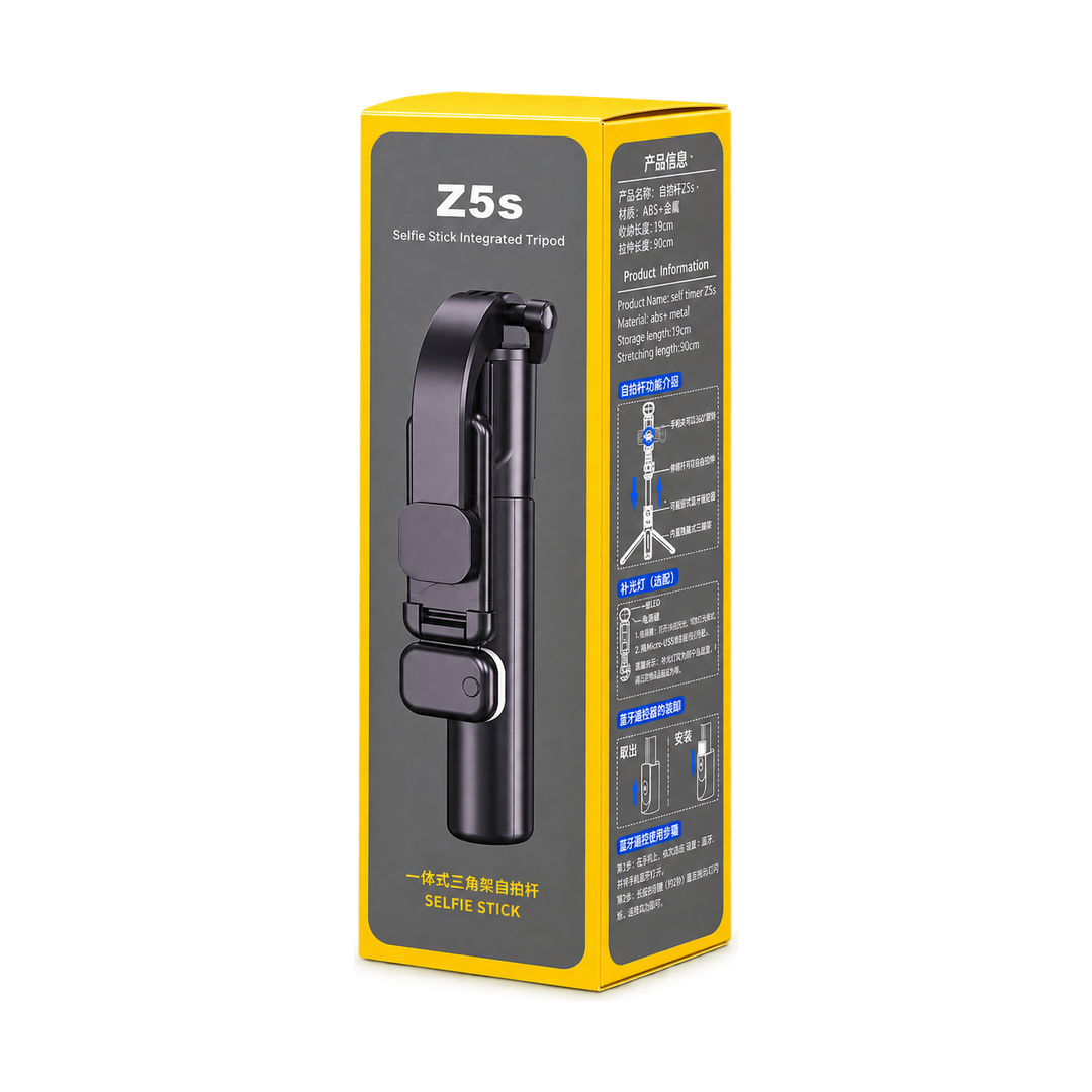 Z5s Selfie Stick Tripod with Bluetooth Remote — black packaging